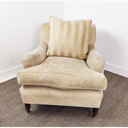 363 - GEORGE SMITH ARMCHAIR, with floral pattern peach upholstery, 84cm H x 80cm W x 100cm D.