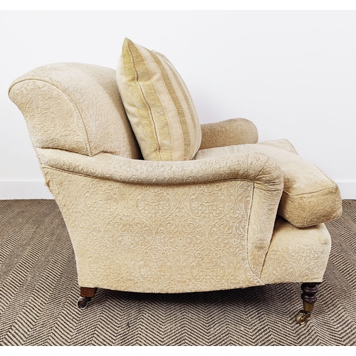 363 - GEORGE SMITH ARMCHAIR, with floral pattern peach upholstery, 84cm H x 80cm W x 100cm D.