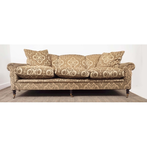 364 - GEORGE SMITH SOFA, with floral pattern gold upholstery on turned supports, 82cm H x 216cm W x 105cm ... 