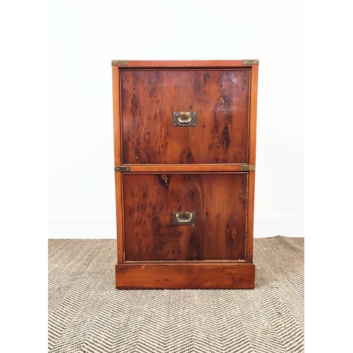 376 - CAMPAIGN STYLE CHEST, with two yew wood drawers with recessed brass handles.