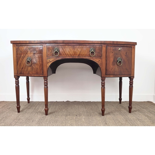 378 - SIDEBOARD, Regency mahogany of bowfront form, with three drawers on turned supports, 67cm D x 91cm H... 