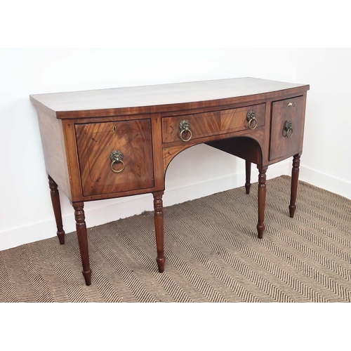 378 - SIDEBOARD, Regency mahogany of bowfront form, with three drawers on turned supports, 67cm D x 91cm H... 