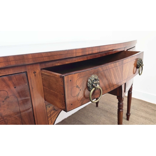 378 - SIDEBOARD, Regency mahogany of bowfront form, with three drawers on turned supports, 67cm D x 91cm H... 