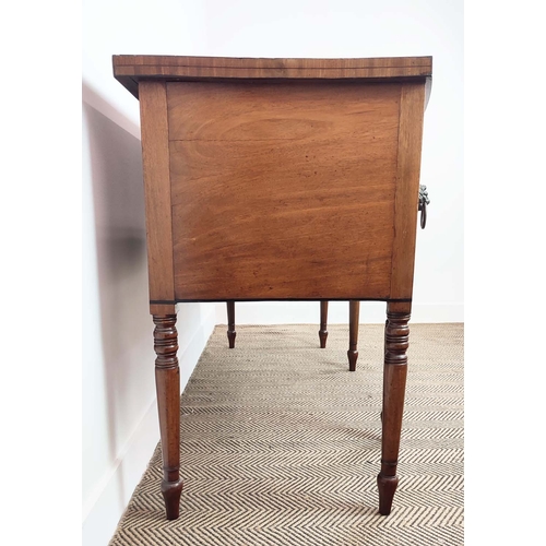 378 - SIDEBOARD, Regency mahogany of bowfront form, with three drawers on turned supports, 67cm D x 91cm H... 