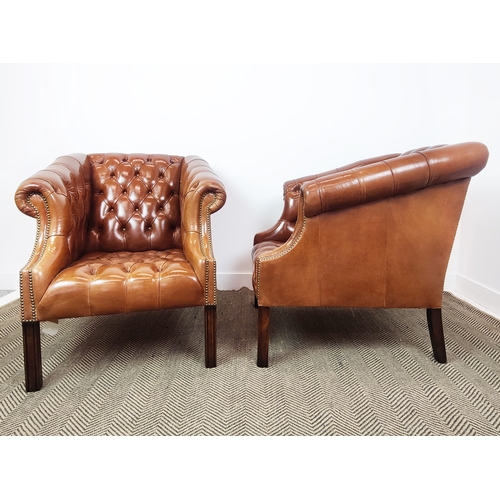 382 - LIBRARY ARMCHAIRS, a pair, buttoned brown leather, 90cm H x 80cm W. (2)