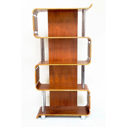 387 - DISPLAY SHELVES, 1970s walnut, bentwood and chrome with four tiers, 165cm high, 80cm wide, 31cm deep