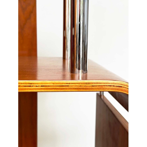 387 - DISPLAY SHELVES, 1970s walnut, bentwood and chrome with four tiers, 165cm high, 80cm wide, 31cm deep