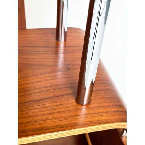 387 - DISPLAY SHELVES, 1970s walnut, bentwood and chrome with four tiers, 165cm high, 80cm wide, 31cm deep