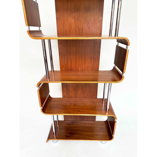 387 - DISPLAY SHELVES, 1970s walnut, bentwood and chrome with four tiers, 165cm high, 80cm wide, 31cm deep