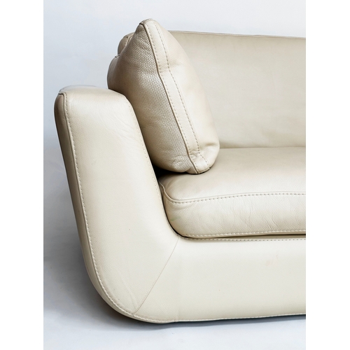 388 - ROCH BOBOIS SOFA, three seater light brown grained natural leather with cushions, 235cm W.