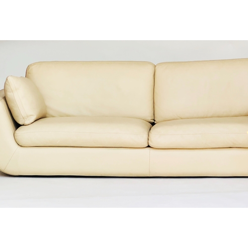 388 - ROCH BOBOIS SOFA, three seater light brown grained natural leather with cushions, 235cm W.