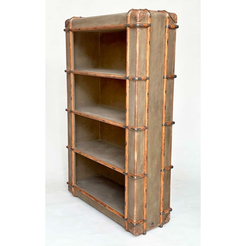 390 - OPEN BOOKCASE, in the form of a 19th century steamer trunk, canvas and ash bound with four tiers, 11... 