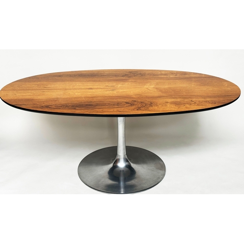 TULIP DINING TABLE, Maurice Burke for Arkana oval figured walnut on brushed chromed support, 190cm W x 110cm D x 73cm H.