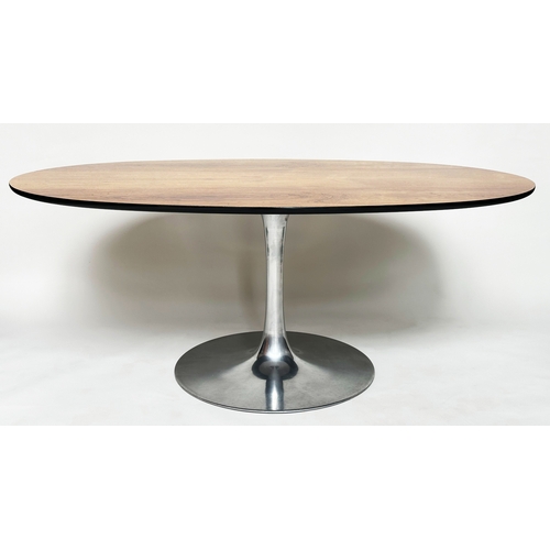 393 - TULIP DINING TABLE, Maurice Burke for Arkana oval figured walnut on brushed chromed support, 190cm W... 