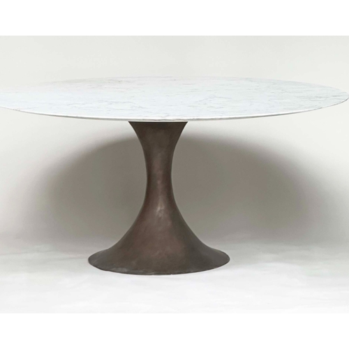 399 - MARBLE CENTRE/ DINING TABLE, circular veined carrara marble raised upon bronzed open metal circular ... 