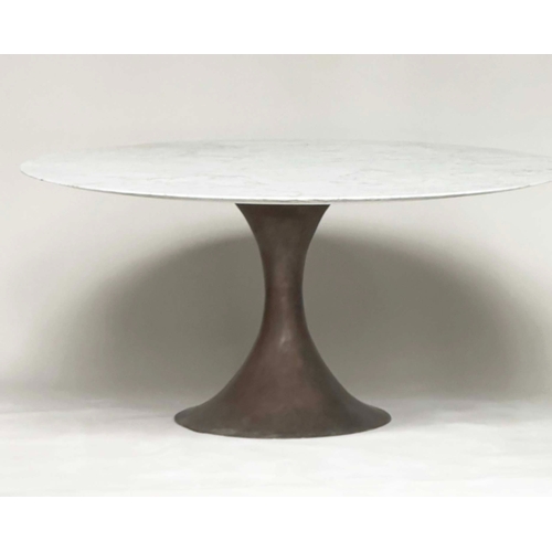 399 - MARBLE CENTRE/ DINING TABLE, circular veined carrara marble raised upon bronzed open metal circular ... 