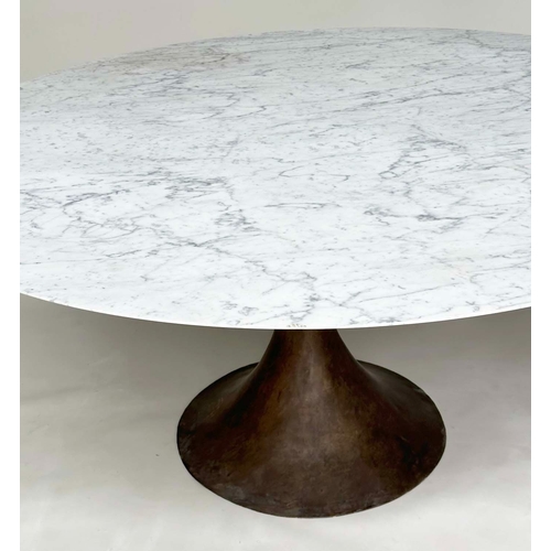 399 - MARBLE CENTRE/ DINING TABLE, circular veined carrara marble raised upon bronzed open metal circular ... 