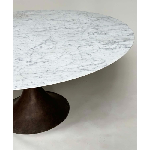 399 - MARBLE CENTRE/ DINING TABLE, circular veined carrara marble raised upon bronzed open metal circular ... 