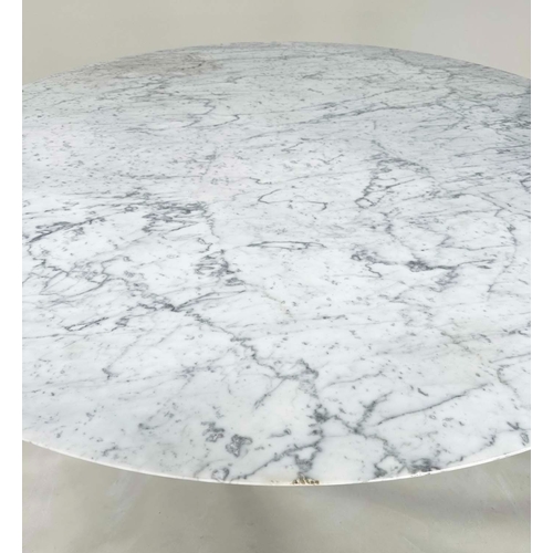 399 - MARBLE CENTRE/ DINING TABLE, circular veined carrara marble raised upon bronzed open metal circular ... 