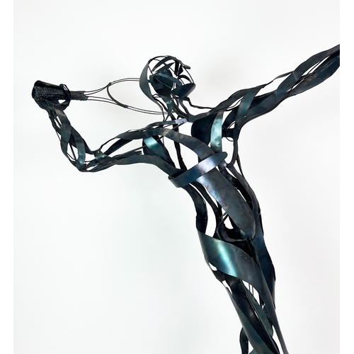 412 - CONTEMPORARY SCHOOL FIGURATIVE SCULPTURE, 'Tennis Player', welded stainless steel, 187cm H.