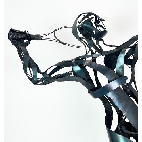 412 - CONTEMPORARY SCHOOL FIGURATIVE SCULPTURE, 'Tennis Player', welded stainless steel, 187cm H.