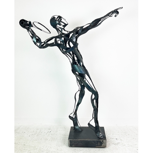 412 - CONTEMPORARY SCHOOL FIGURATIVE SCULPTURE, 'Tennis Player', welded stainless steel, 187cm H.