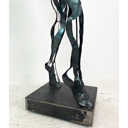 412 - CONTEMPORARY SCHOOL FIGURATIVE SCULPTURE, 'Tennis Player', welded stainless steel, 187cm H.