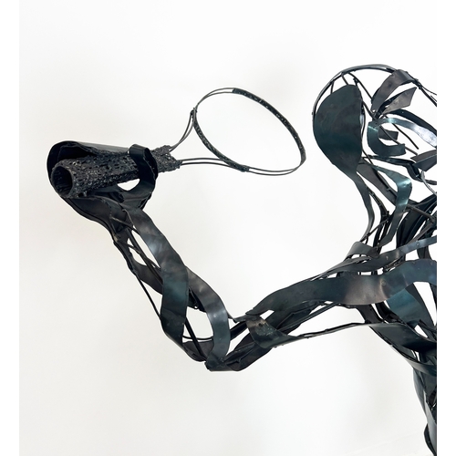 412 - CONTEMPORARY SCHOOL FIGURATIVE SCULPTURE, 'Tennis Player', welded stainless steel, 187cm H.