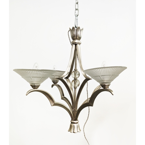 CHANDELIER, with D'Avesn glass shades circa French 1940s, 60cm drop.