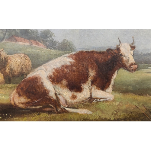 50 - THOMAS FRANCIS WAINEWRIGHT (fl.1831-1883), 'Cattle and Sheep in a landscape, oil on canvas, 33cm x 4... 