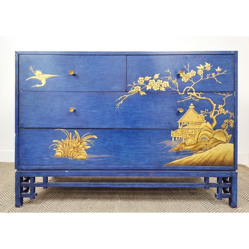 515 - CHINOISERIE CHEST, blue painted with gilt decoration and two short over two long drawers, 88cm H x 1... 