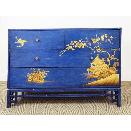 515 - CHINOISERIE CHEST, blue painted with gilt decoration and two short over two long drawers, 88cm H x 1... 