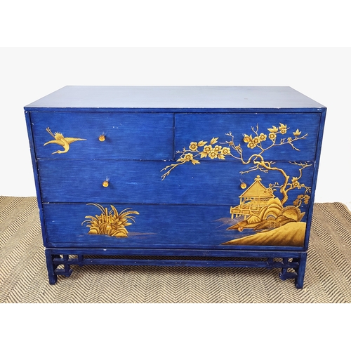 515 - CHINOISERIE CHEST, blue painted with gilt decoration and two short over two long drawers, 88cm H x 1... 