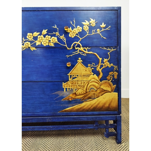 515 - CHINOISERIE CHEST, blue painted with gilt decoration and two short over two long drawers, 88cm H x 1... 