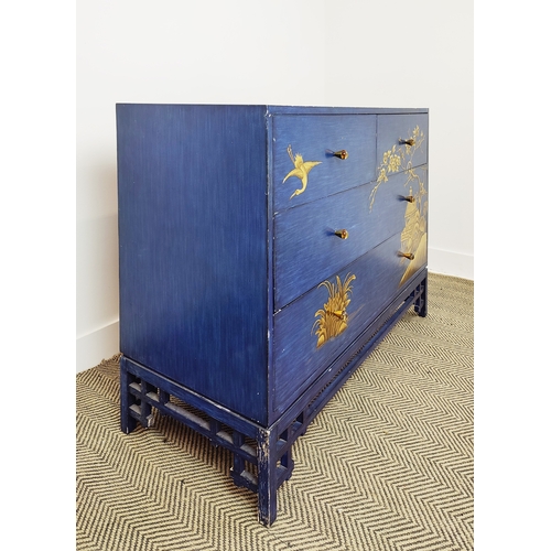 515 - CHINOISERIE CHEST, blue painted with gilt decoration and two short over two long drawers, 88cm H x 1... 