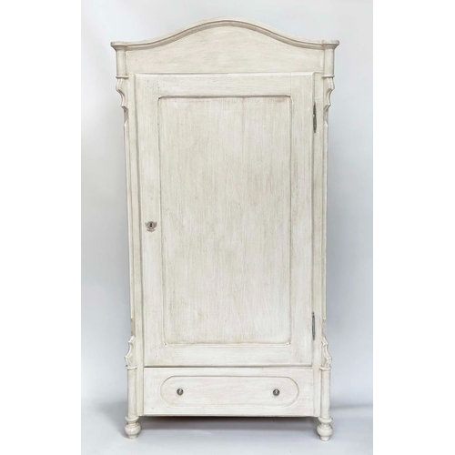 524 - ARMOIRE, 19th century French traditionally grey painted with arched cornice and panelled door enclos... 