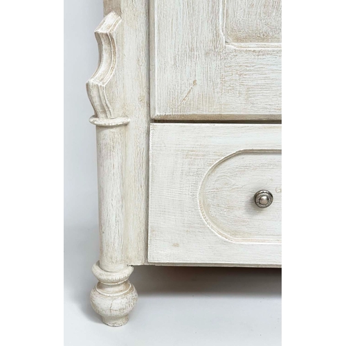 524 - ARMOIRE, 19th century French traditionally grey painted with arched cornice and panelled door enclos... 