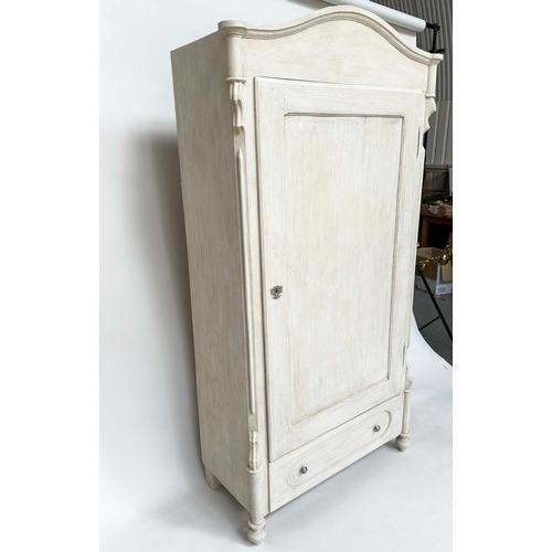 524 - ARMOIRE, 19th century French traditionally grey painted with arched cornice and panelled door enclos... 