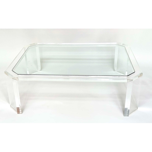 525 - LUCITE LOW TABLE, lucite 1970s rectangular with canted corners and glass (toughened), 122cm W x 89cm... 