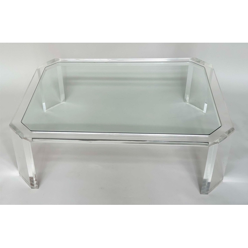 525 - LUCITE LOW TABLE, lucite 1970s rectangular with canted corners and glass (toughened), 122cm W x 89cm... 