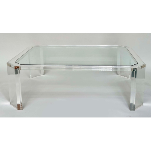 525 - LUCITE LOW TABLE, lucite 1970s rectangular with canted corners and glass (toughened), 122cm W x 89cm... 