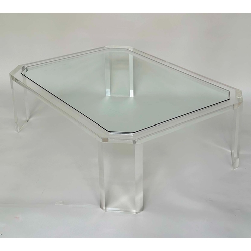 525 - LUCITE LOW TABLE, lucite 1970s rectangular with canted corners and glass (toughened), 122cm W x 89cm... 