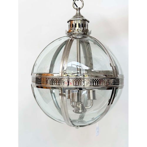 527 - HALL LANTERN, large sphere form chrome and glass, three light with pierced centre moulding (top of c... 