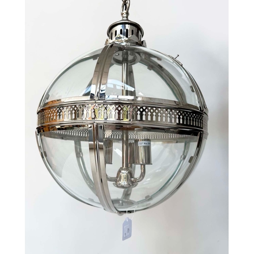 527 - HALL LANTERN, large sphere form chrome and glass, three light with pierced centre moulding (top of c... 