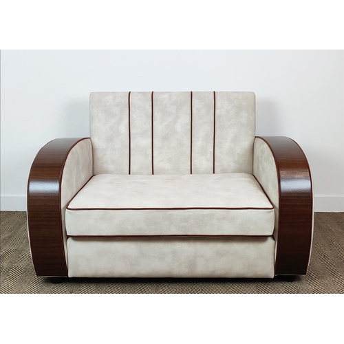 550 - ART DECO DESIGN SOFA, ivory piped velvet upholstery, made in England, 141cm W x 92cm D.