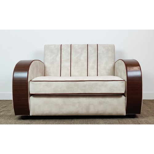 550 - ART DECO DESIGN SOFA, ivory piped velvet upholstery, made in England, 141cm W x 92cm D.