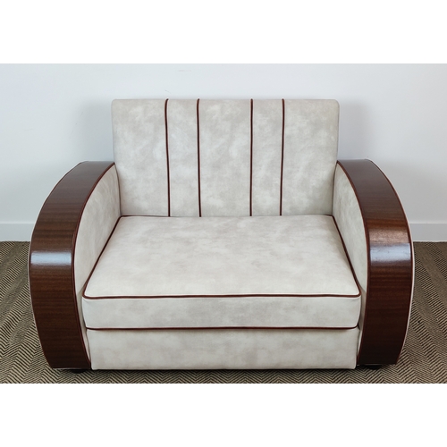 550 - ART DECO DESIGN SOFA, ivory piped velvet upholstery, made in England, 141cm W x 92cm D.