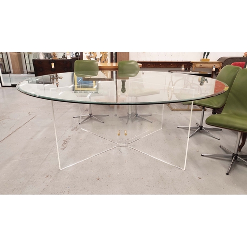 555 - DINING TABLE, large circular bevelled glass top on lucite base, 75cm H x 199cm W.