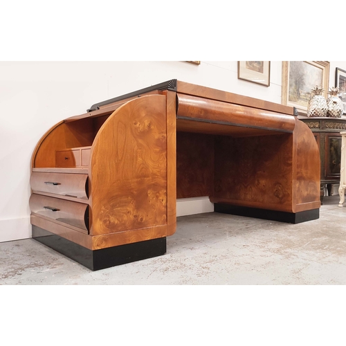 556 - ART DECO STYLE PEDESTAL DESK, walnut with ebonised detail, black leather top over brushing slides an... 