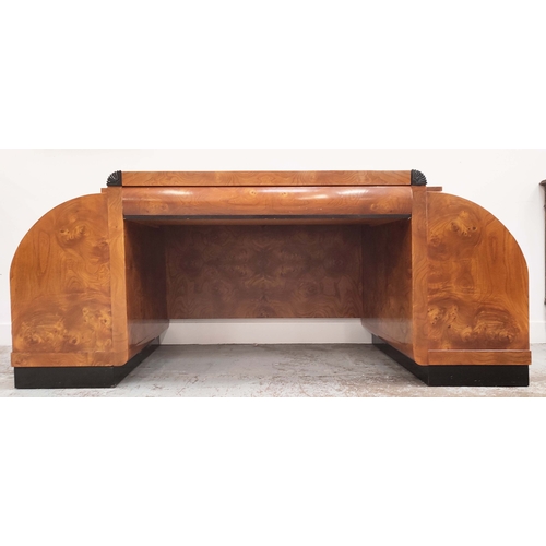 556 - ART DECO STYLE PEDESTAL DESK, walnut with ebonised detail, black leather top over brushing slides an... 